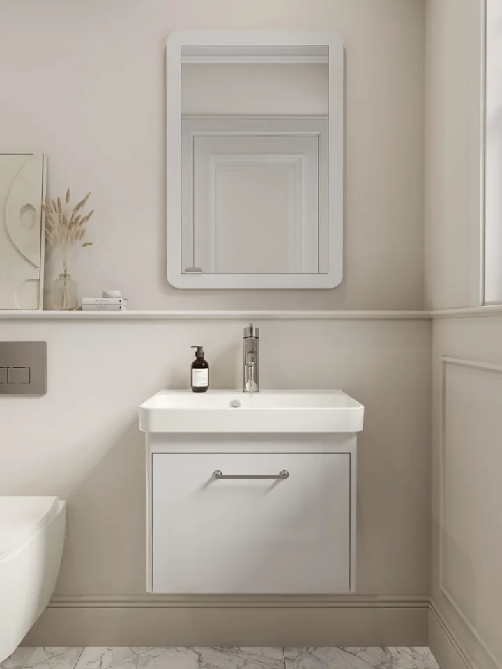 Saneux Hyde Lite 55x37cm Washbasin & 1 Drawer Wall Mounted Unit - Gloss White detail view - Image 2