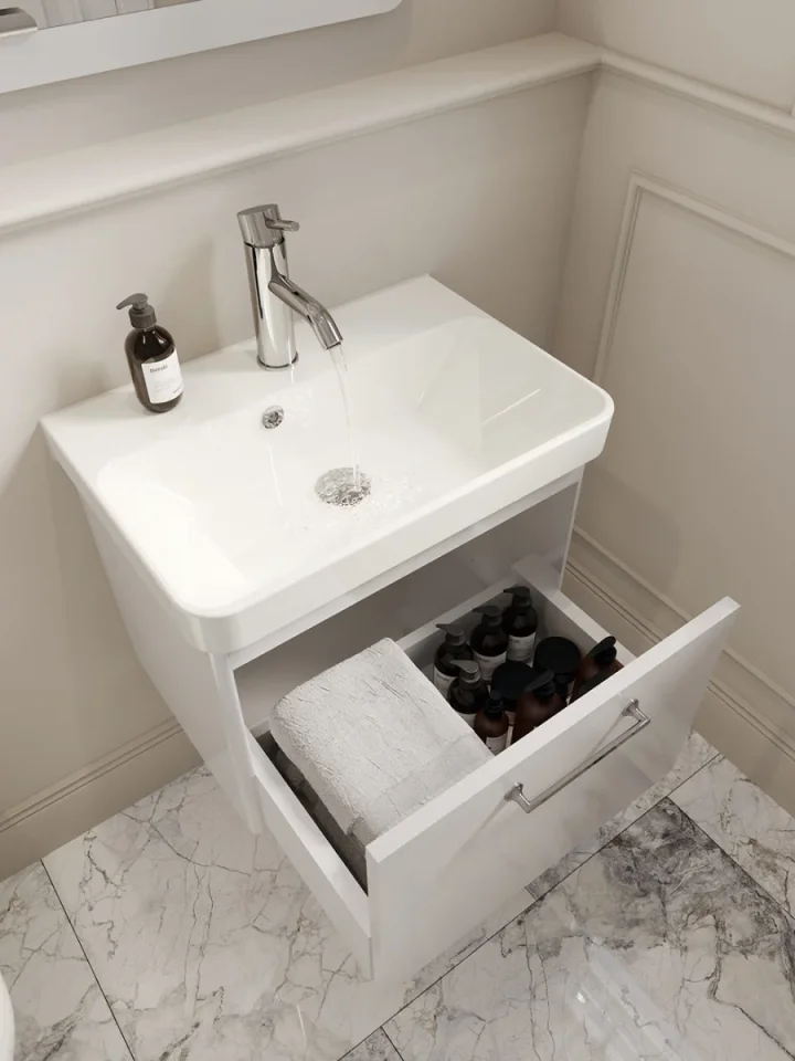 Saneux Hyde Lite 55x37cm Washbasin & 1 Drawer Wall Mounted Unit - Gloss White detail view - Image 3