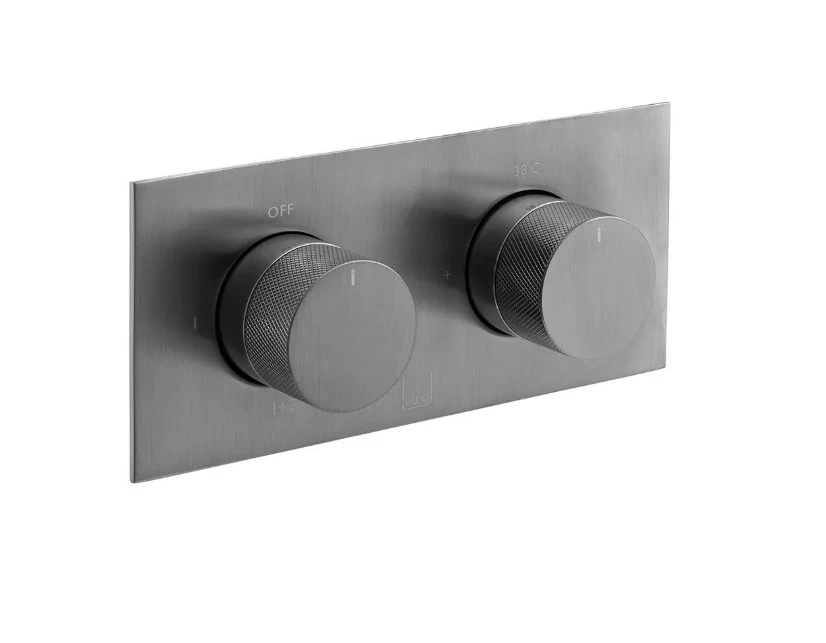 Vado Individual Tablet Knurled Horizontal Concealed 2 Outlet, 2 Handle Thermostatic Valve With Knurled Handles Brushed Gunmetal