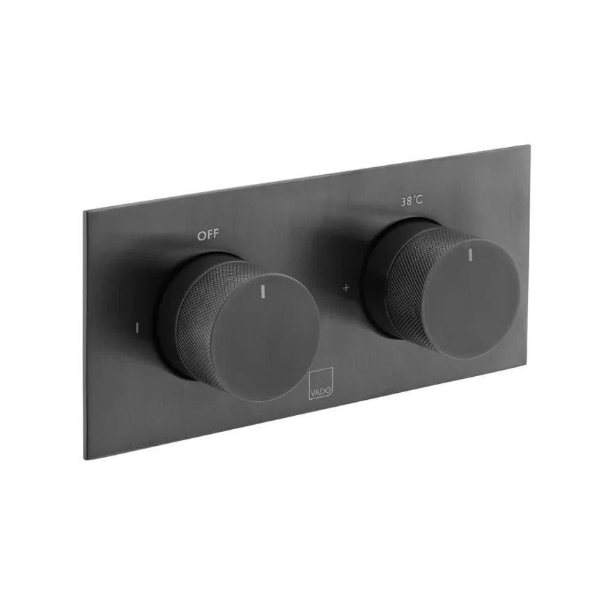 Vado Individual Tablet Knurled Horizontal Concealed 2 Outlet, 2 Handle Thermostatic Valve With Knurled Handles Brushed Black product image - Image 1