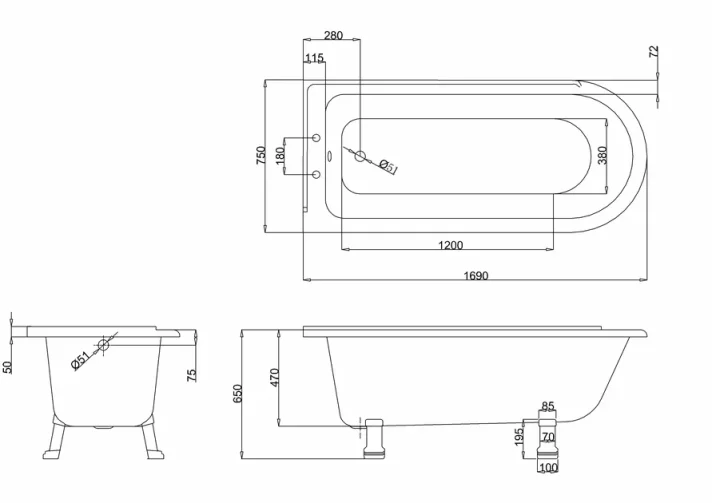 Burlington Hampton Shower Bath Left Hand 1700 X 750mm detail view - Image 3
