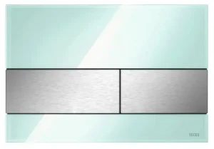 Tece Square Dual Flush, Glass Green, Buttons Brushed S/steel