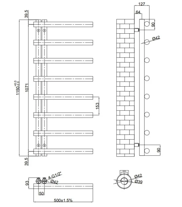 Salomon 1150 x 500mm Designer Rail - Brushed Brass technical drawing - Image 2