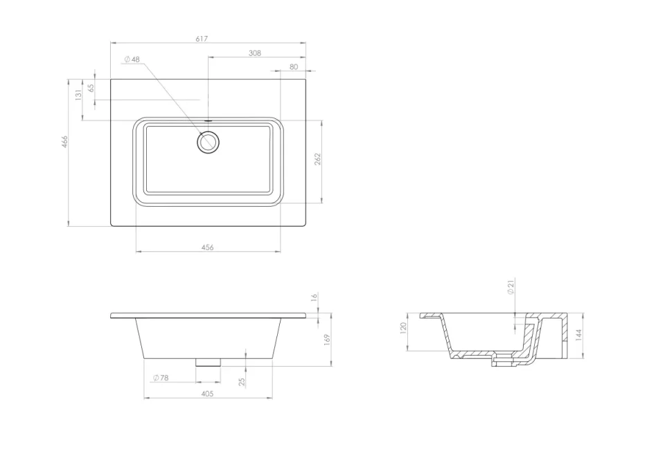 Saneux Uni 60x47cm Washbasin 0th technical drawing - Image 2