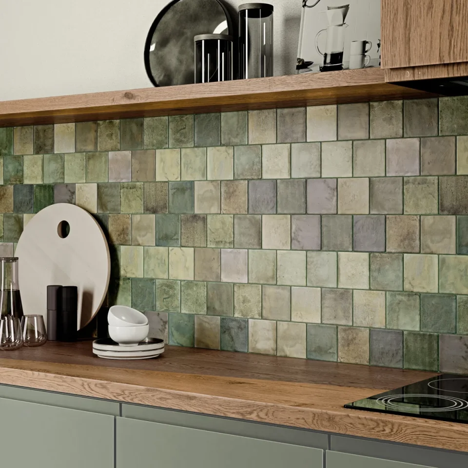 European Tiles Island Leaf Green Porcelain Matt Tile 10x20cm detail view - Image 2