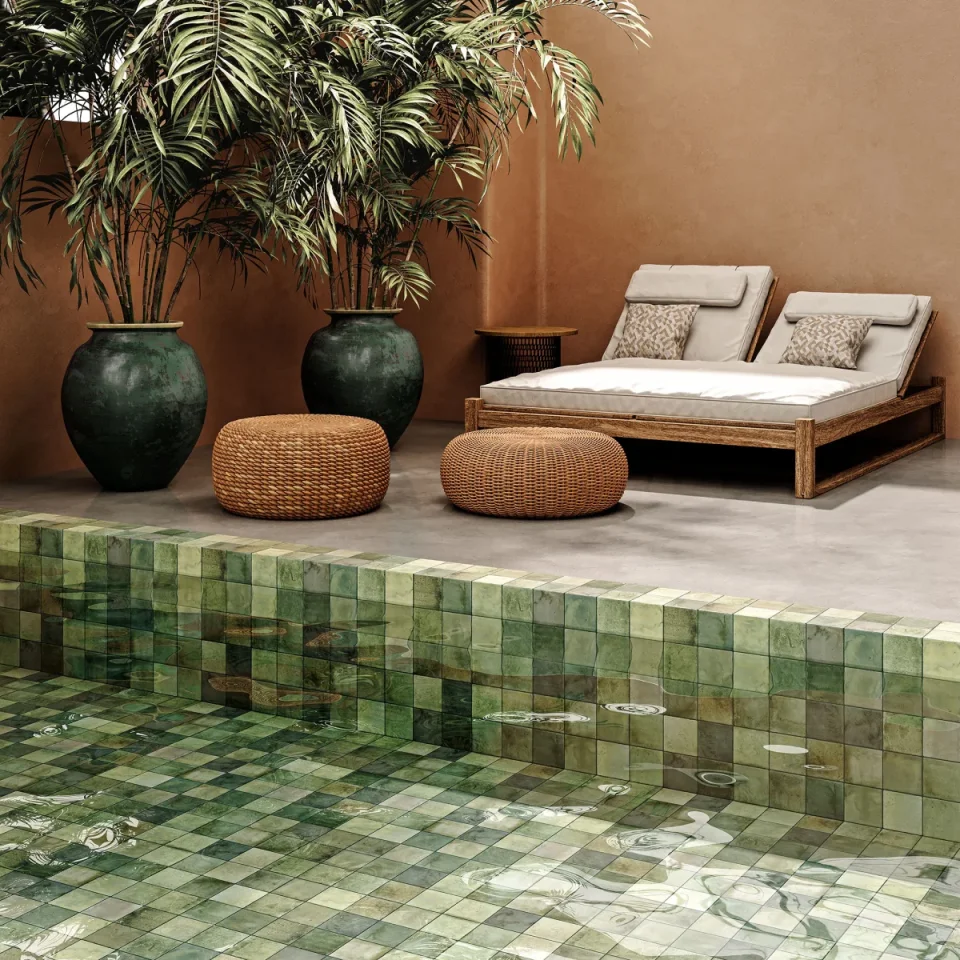 European Tiles Island Leaf Green Porcelain Matt Tile 10x20cm detail view - Image 3