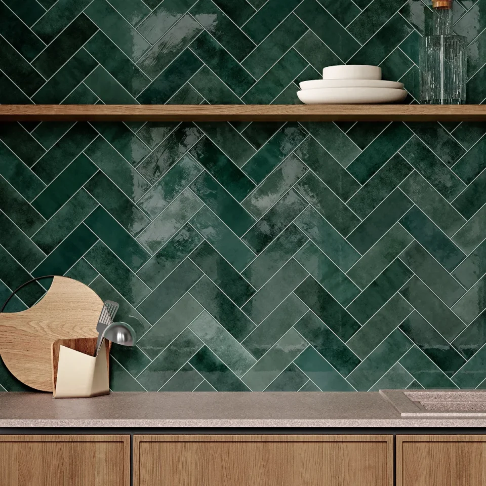 European Tiles Bliss Green Glossy Wall Tile 6.5x20cm detail view - Image 3