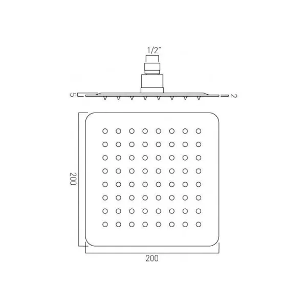 Vado Aquablade Single Function Easy Clean Slim Line Square Shower Head, 300mm (12") Chrome technical drawing - Image 4