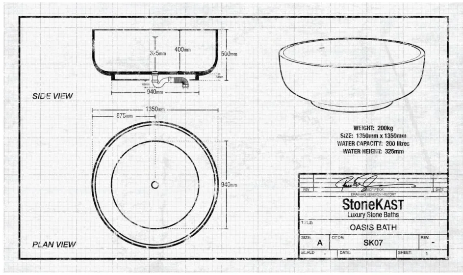 StoneKAST Oasis Double Ended Freestanding Bath 1350 x 1350mm Matt White technical drawing - Image 3