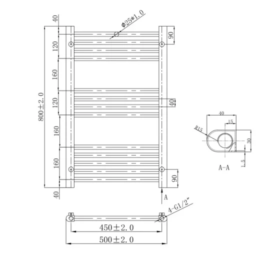 Just Taps Vos Radiator Brushed Brass 800 X 500 technical drawing - Image 2