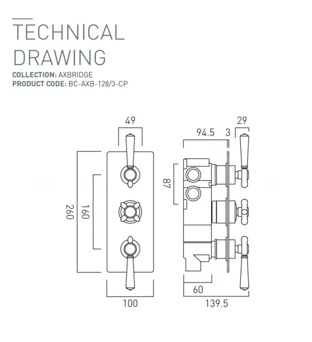 Booth & Co. 3 Outlet, 3 Handle Concealed Thermostatic Valve Chrome & White technical drawing - Image 2