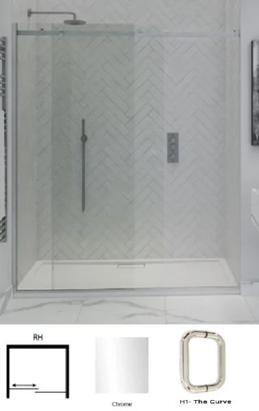 Showerlab View 30 Enclosures Sliding Door + Fixed Panel Standard - Fixed Sizes Only 1230-1270mmx2000mm , Right Hand Door to Panel , H1 - The Curve , Chrome