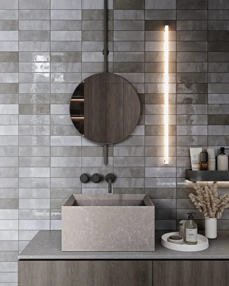 European Tiles Bliss Greige Glossy Wall Tile 6.5x20cm detail view - Image 3