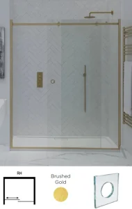 Showerlab View 30 Enclosures Sliding Door + Fixed Panel Standard - Fixed Sizes Only 1330-1370mmx2000mm , Right Hand Door to Wall , H8 - The Sphere (Round Cut Out) , Brushed Gold