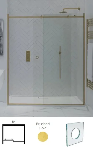 Showerlab View 30 Enclosures Sliding Door + Fixed Panel Standard - Fixed Sizes Only 1330-1370mmx2000mm , Right Hand Door to Wall , H8 - The Sphere (Round Cut Out) , Brushed Gold product image - Image 1