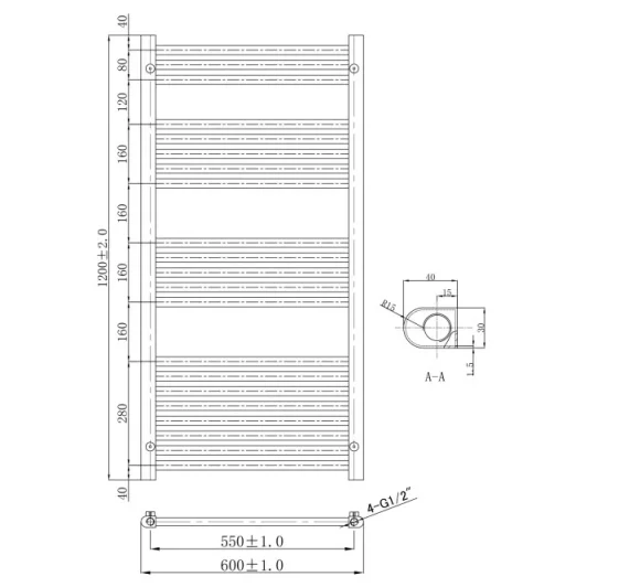 Just Taps Vos Radiator Brushed Brass 1200 X 600 technical drawing - Image 2