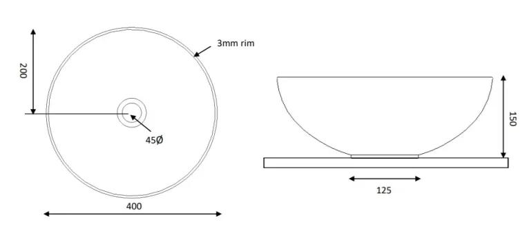 Crosswater Circus Counter Basin 400 No Overflow White technical drawing - Image 3