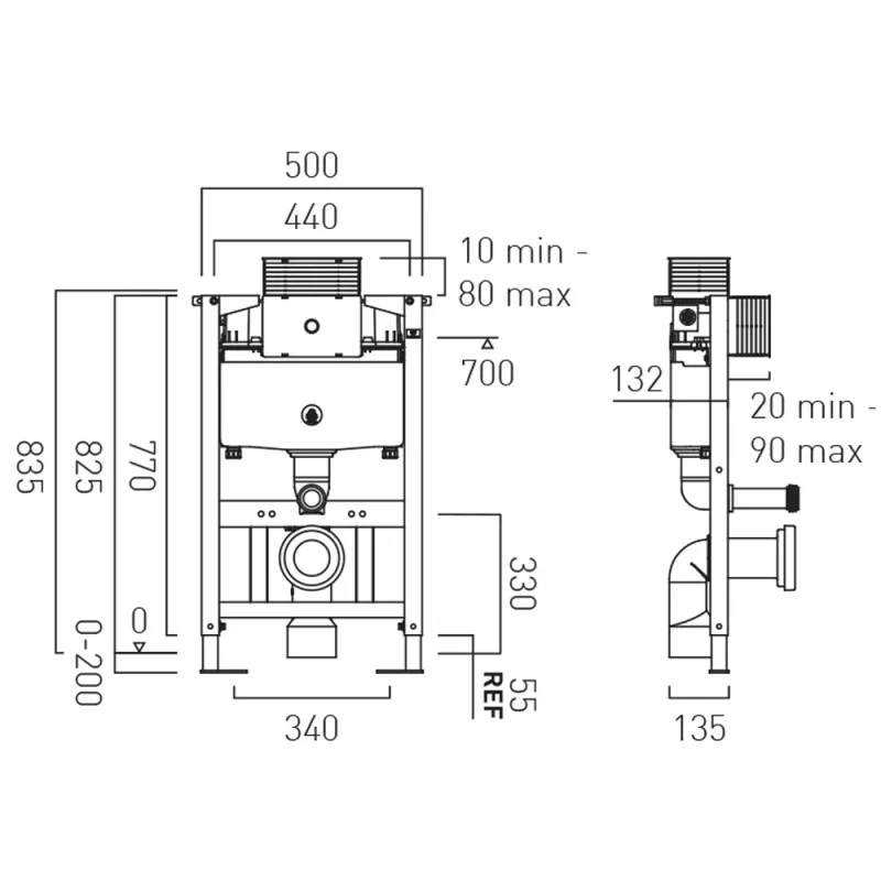 Vado Short Frame & Cistern With Adjustable Height 825mm X 500mm technical drawing - Image 2