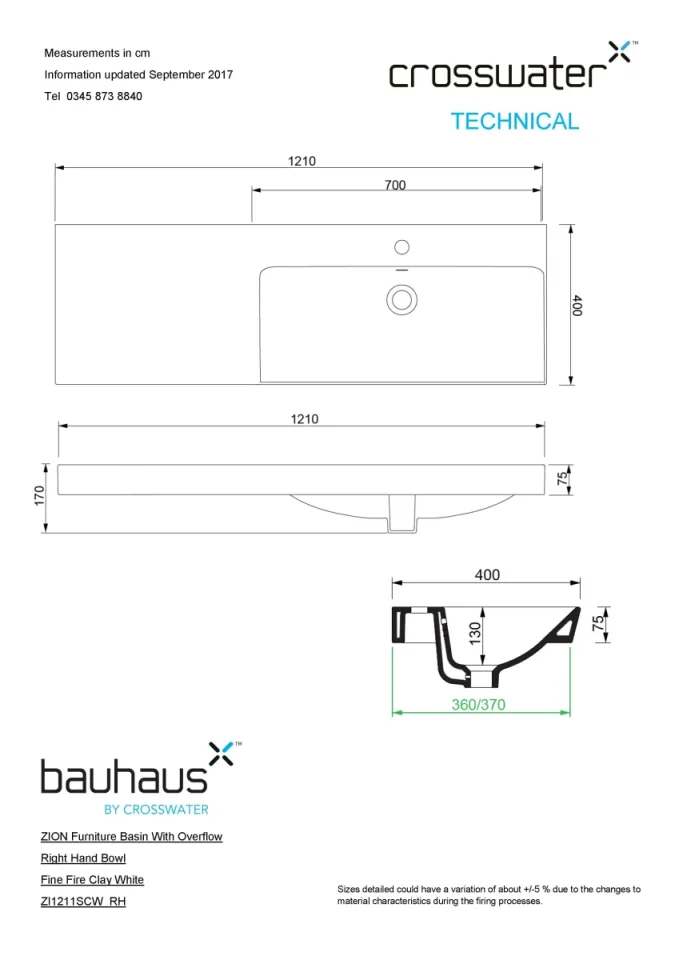 Crosswater Zion 1210mm Fireclay Vanity Basin Right Hand technical drawing - Image 3