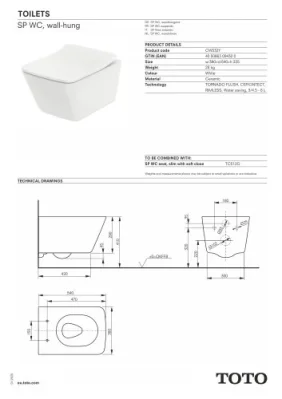 TOTO SP Washdown Square Wall Hung Rimless Toilet Pan technical drawing - Image 2