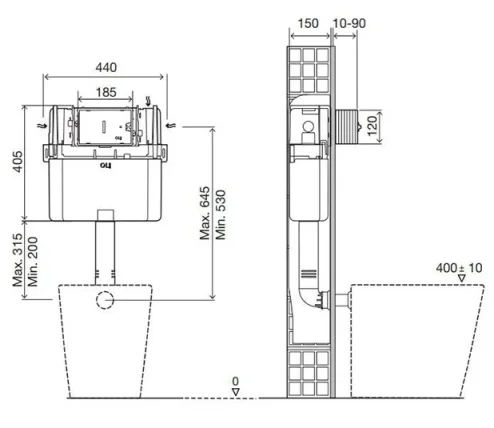Oli Expert Plus Mechanical Concealed Cistern for Back to Wall Installation TD technical drawing - Image 2