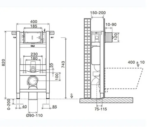 Oli Expert Plus Sanitarblock 820 Pneumatic Concealed Cistern & Frame RT technical drawing - Image 2
