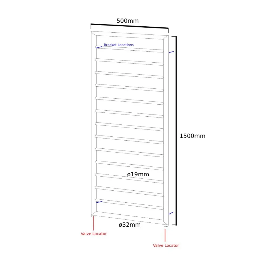 Ava Frame 1500x500mm Stainless Steel Towel Rail Black technical drawing - Image 2