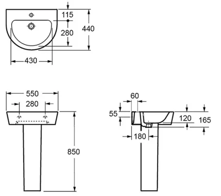 Pura Arco 550mm Basin 1th technical drawing - Image 2