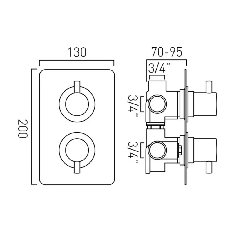 Vado Dx Celsius 3 Outlet 2 Handle Concealed Thermostatic Valve Soft Square Backplate Chrome Plated technical drawing - Image 2