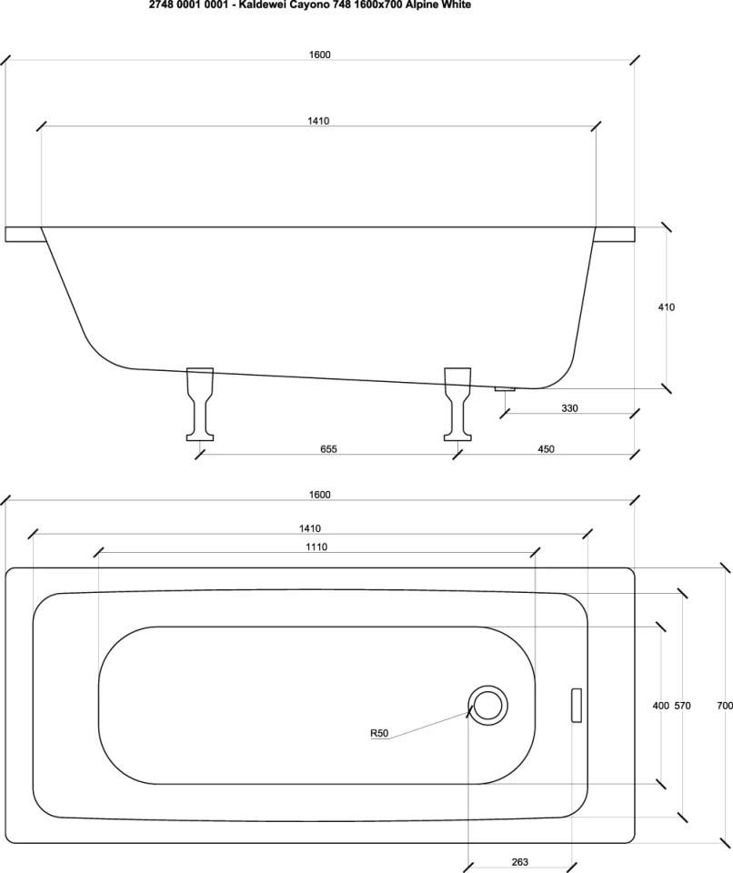 Kaldewei Cayono 1600 X 700mm No Tap Hole Bath (excl. Feet) technical drawing - Image 3