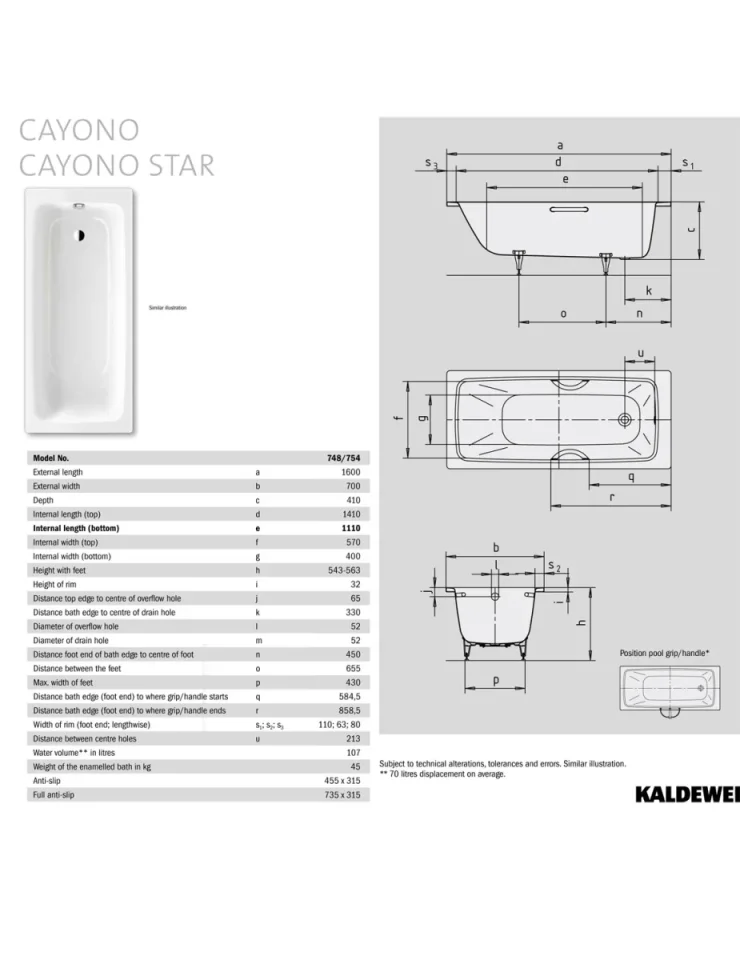 Kaldewei Cayono 1600 X 700mm No Tap Hole Bath (excl. Feet) technical drawing - Image 7