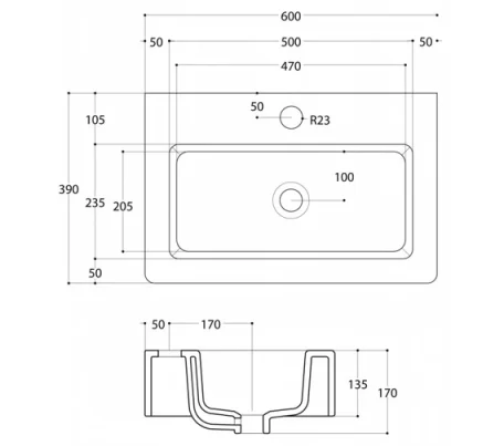 Crosswater Air Wall Mounted Basin 600 with Overflow White technical drawing - Image 3