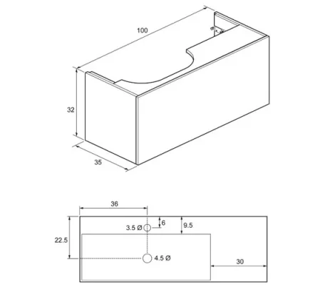 Crosswater Bauhaus Elite Drawer Vanity Unit 1000 x 350mm Anthracite technical drawing - Image 4