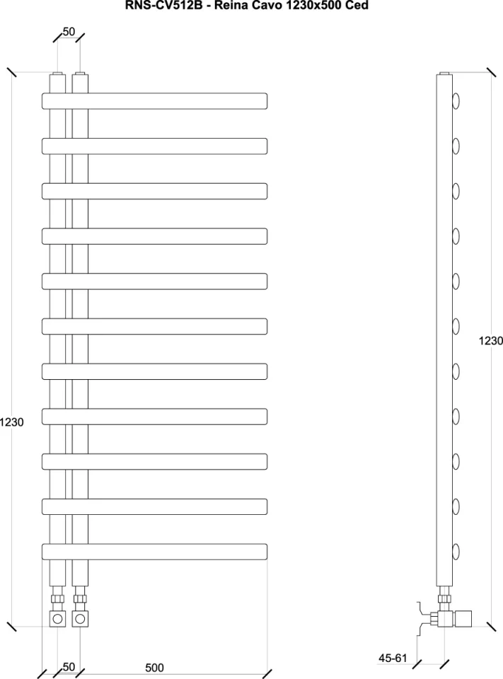 Reina Cavo 1230 X 500 Brushed Stainless Steel Towel Rail technical drawing - Image 3