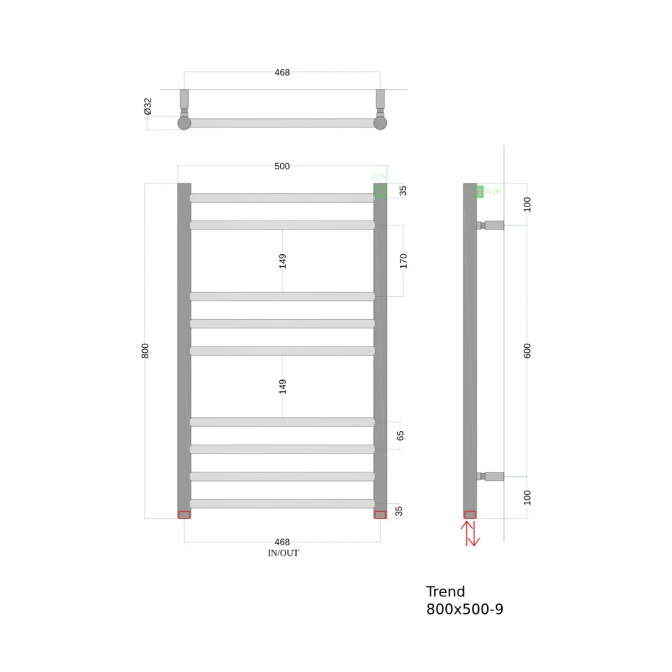 AVA Trend Ladder 800 x 500mm Black Stainless Steel Towel Rail technical drawing - Image 3