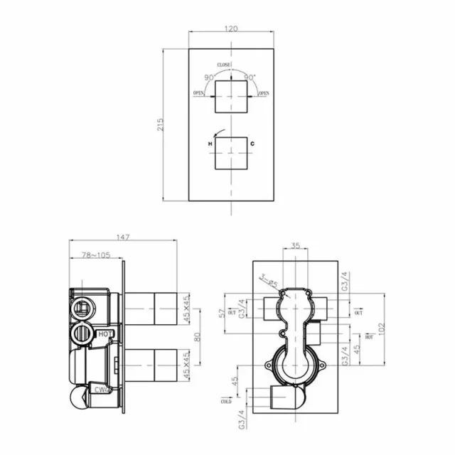 Crosswater Water Square 2 Handle Trimset for Shower Mixer Valve WLBP1500RC+ Chrome technical drawing - Image 2