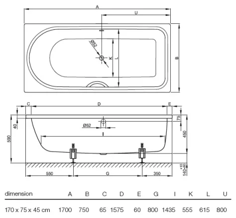 Betteocean 1700 800 Mm Foot End Right/overflow Front, White technical drawing - Image 7