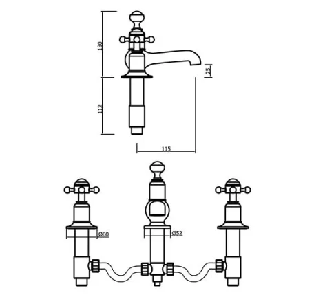 Crosswater Belgravia Crosshead 3 Tap Hole Basin Mixer Chrome technical drawing - Image 4