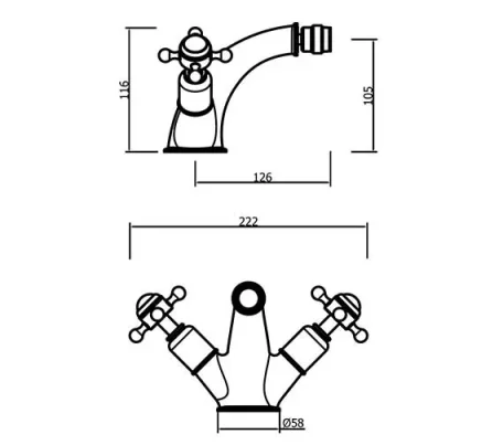 Crosswater Belgravia Traditional Crosshead Bidet Monobloc Mixer Tap with Pop Up Waste Chrome technical drawing - Image 3