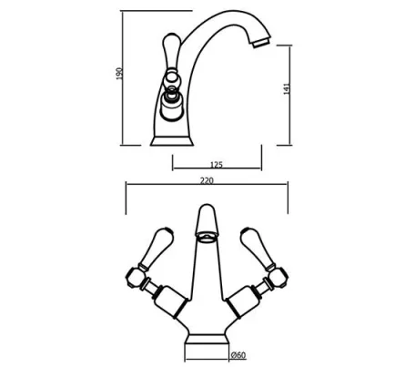 Crosswater Belgravia Lever High Neck Mono Basin with Waste Chrome technical drawing - Image 3