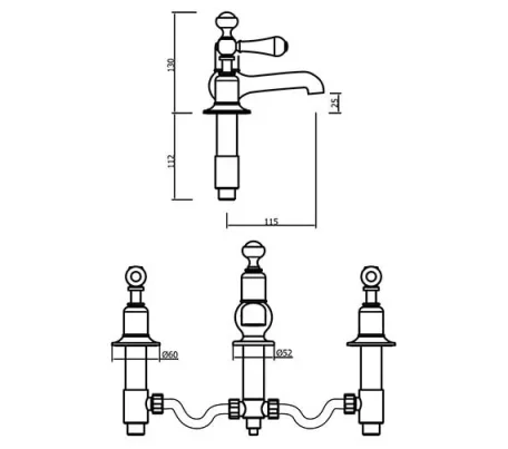 Crosswater Belgravia Lever 3 Tap Hole Basin Mixer Chrome technical drawing - Image 3