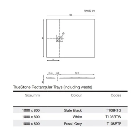 Merlyn Truestone Rectangle Tray Fossil Grey 1000 X 800mm technical drawing - Image 3
