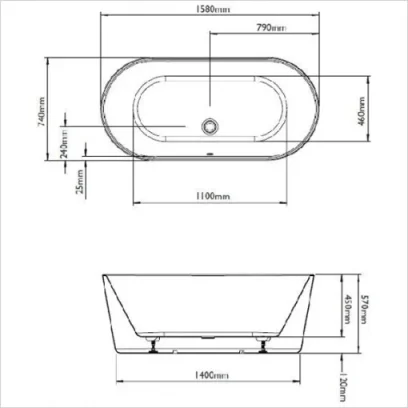 Bc Designs Viado Bath 1580 X 740 (waste Included) White technical drawing - Image 2