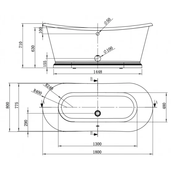 Bc Designs 1800mm Acrylic Boat Bath White technical drawing - Image 2