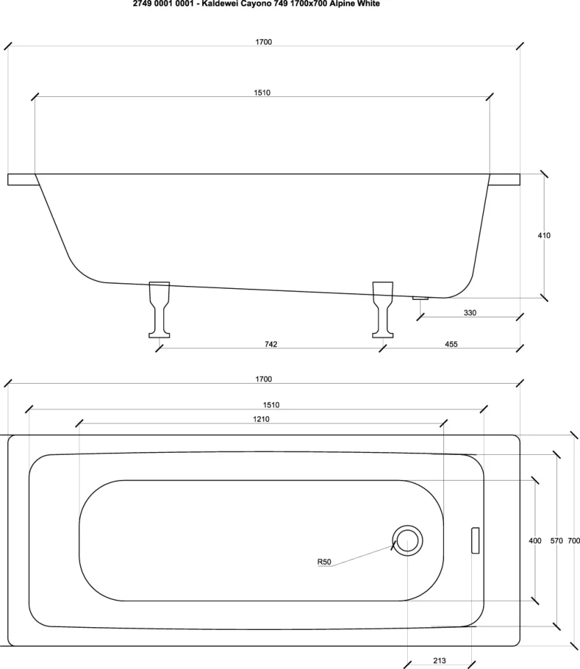 Kaldewei Cayono 1700 X 700mm No Tap Hole Bath (excl. Feet) technical drawing - Image 3