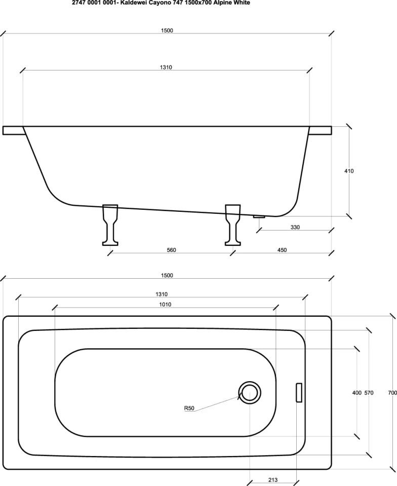 Kaldewei Cayono 747 1500x700 Nth Bath (excl. Feet) technical drawing - Image 3
