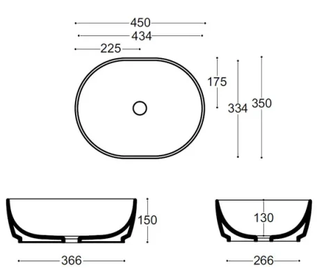 Crosswater Pearl Counter Basin 450 No Overflow White technical drawing - Image 4