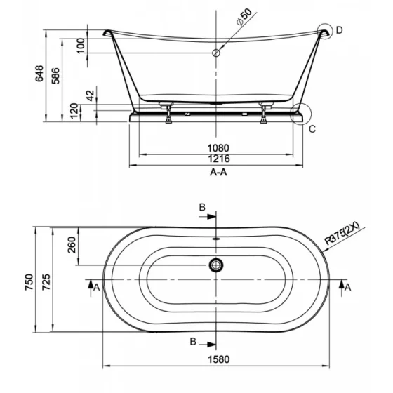 Bc Designs 1580mm Acrylic Boat Bath White technical drawing - Image 2