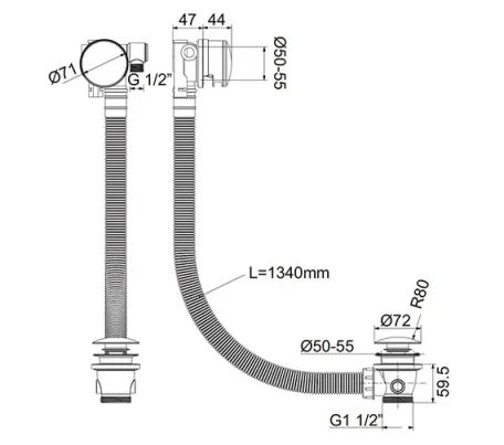 Crosswater MPRO Bath Click Clack Waste & Filler Chrome technical drawing - Image 2