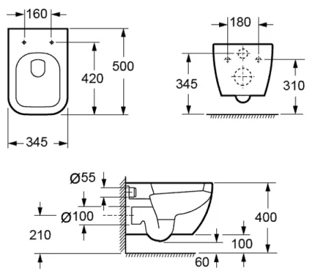 Pura Essence short projection wall hung WC bowl with fixings technical drawing - Image 3